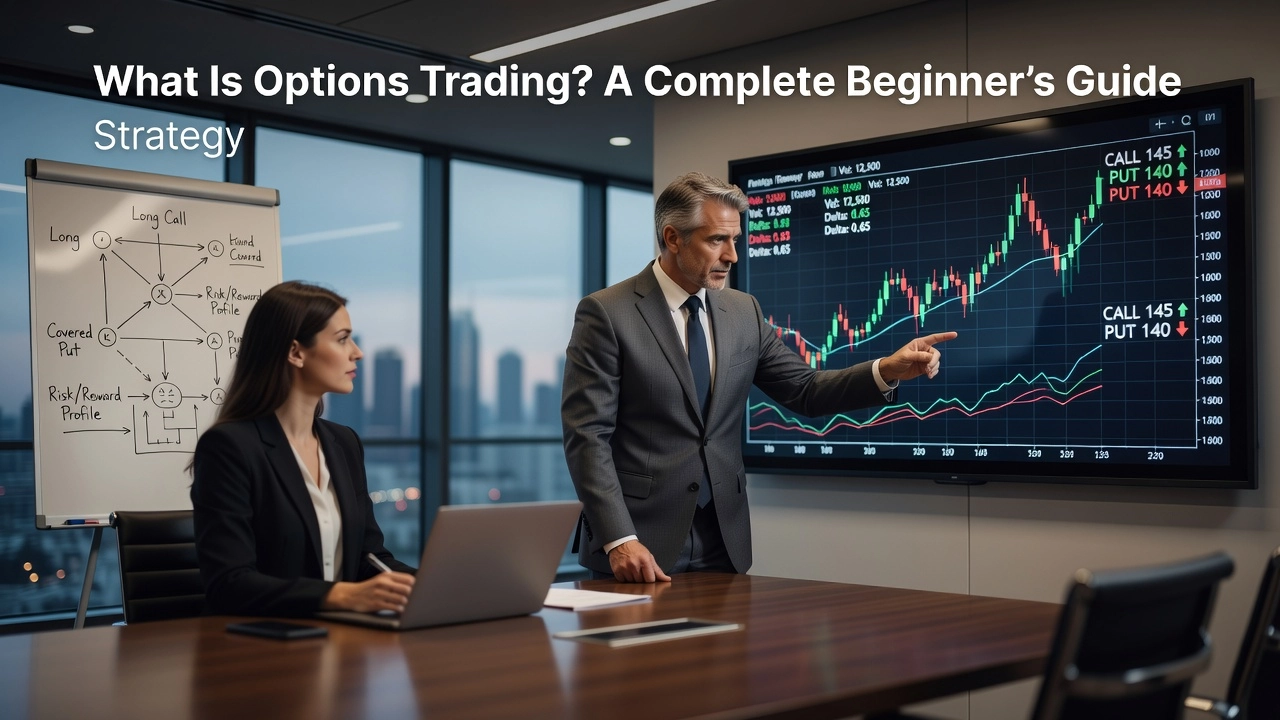 Professional header image for educational tutorial: What Is Options Trading? A Complete Beginner's Guide
